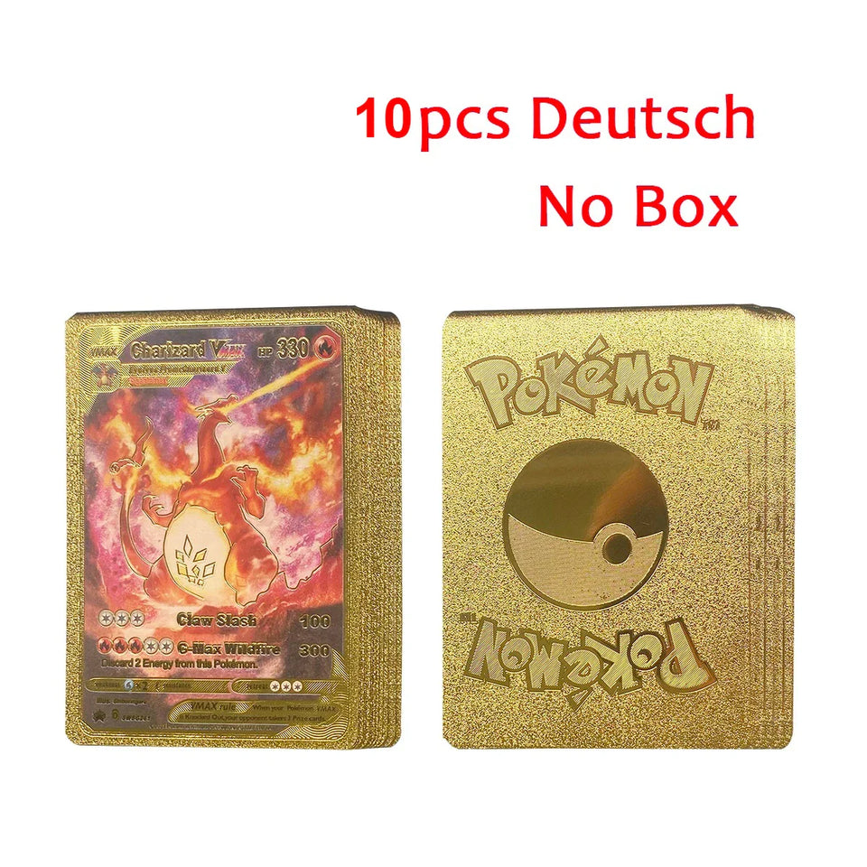 10-110Pcs Pokemon Cards Gold Foil Golden Letters English Spanish French German Game Card Metalicas Charizard Vmax Gx Series Gift
