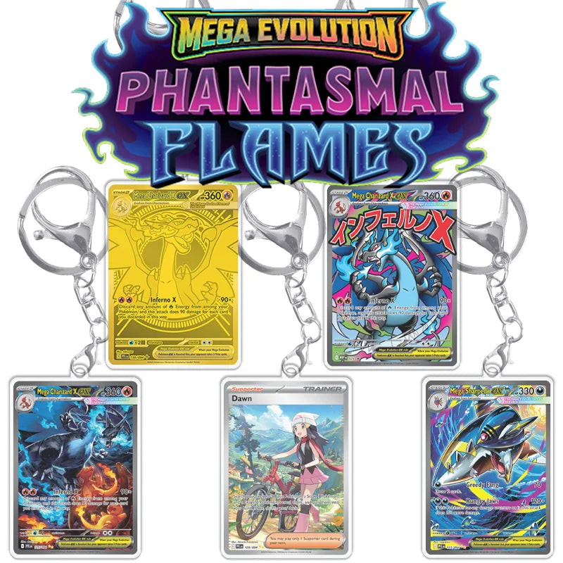 Keychain Card For Pokemon Mega Charizard Meowth Dawn M2 Phantasmal Flames Anime Game Self Made Acrylic Gift Pendant Decoration