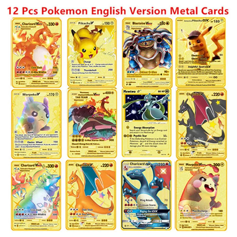 Pokemon English Metal Card Anime Pikachu Charizard Mewtwo Blastoise  Vmax Shiny Letters Game Collection Card Kids Toy Gifts