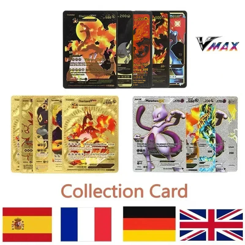 10-110Pcs Pokemon Cards Gold Foil Golden Letters English Spanish French German Game Card Metalicas Charizard Vmax Gx Series Gift