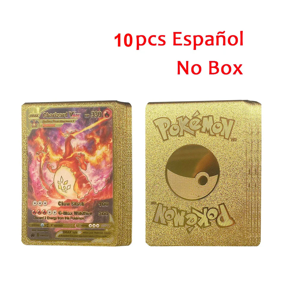 10-110Pcs Pokemon Cards Gold Foil Golden Letters English Spanish French German Game Card Metalicas Charizard Vmax Gx Series Gift