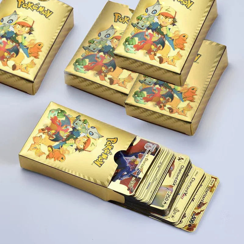 10-110Pcs Pokemon Cards Gold Foil Golden Letters English Spanish French German Game Card Metalicas Charizard Vmax Gx Series Gift