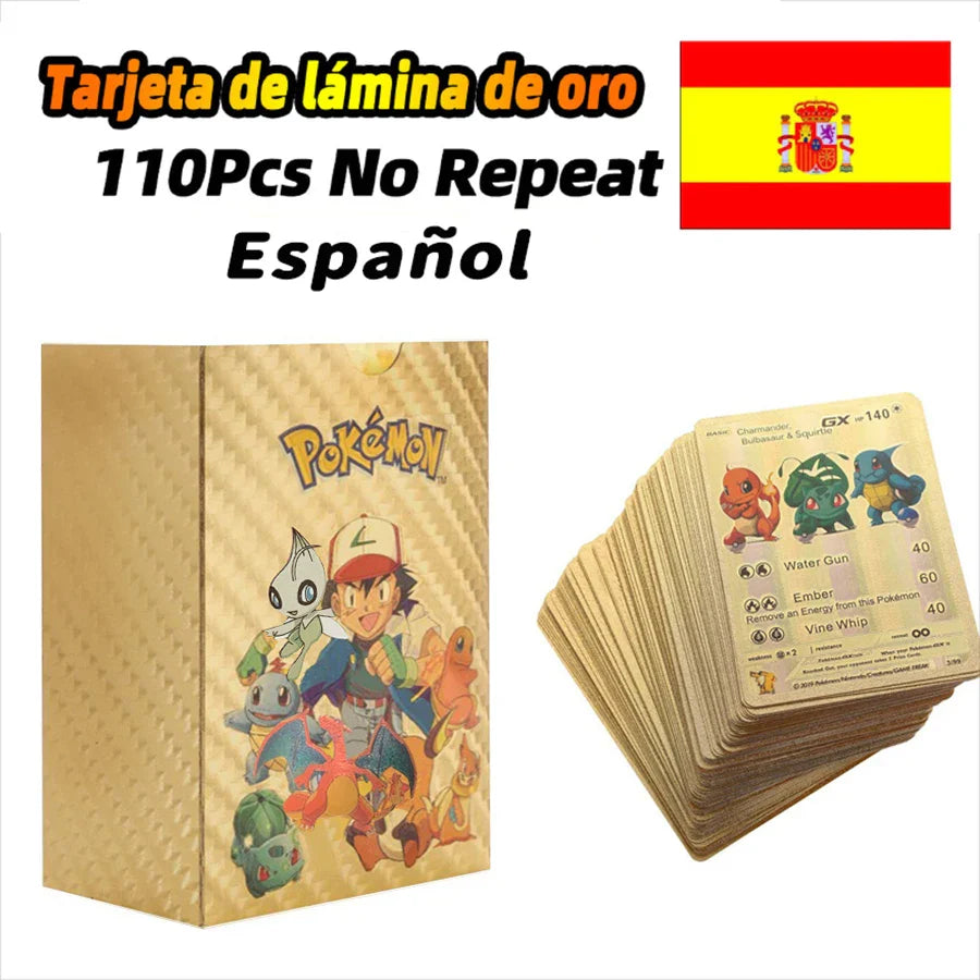 10-110Pcs Pokemon Cards Gold Foil Golden Letters English Spanish French German Game Card Metalicas Charizard Vmax Gx Series Gift