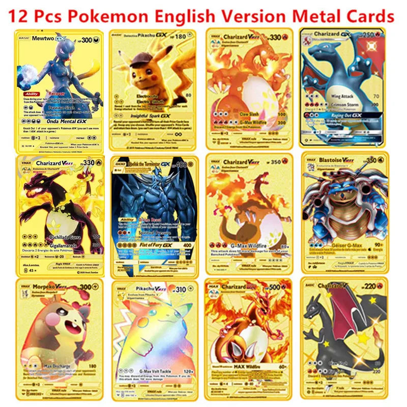 Pokemon English Metal Card Anime Pikachu Charizard Mewtwo Blastoise  Vmax Shiny Letters Game Collection Card Kids Toy Gifts