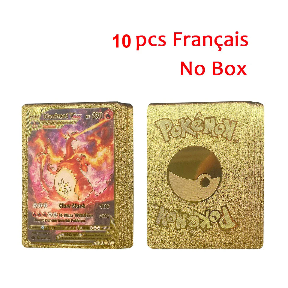 10-110Pcs Pokemon Cards Gold Foil Golden Letters English Spanish French German Game Card Metalicas Charizard Vmax Gx Series Gift