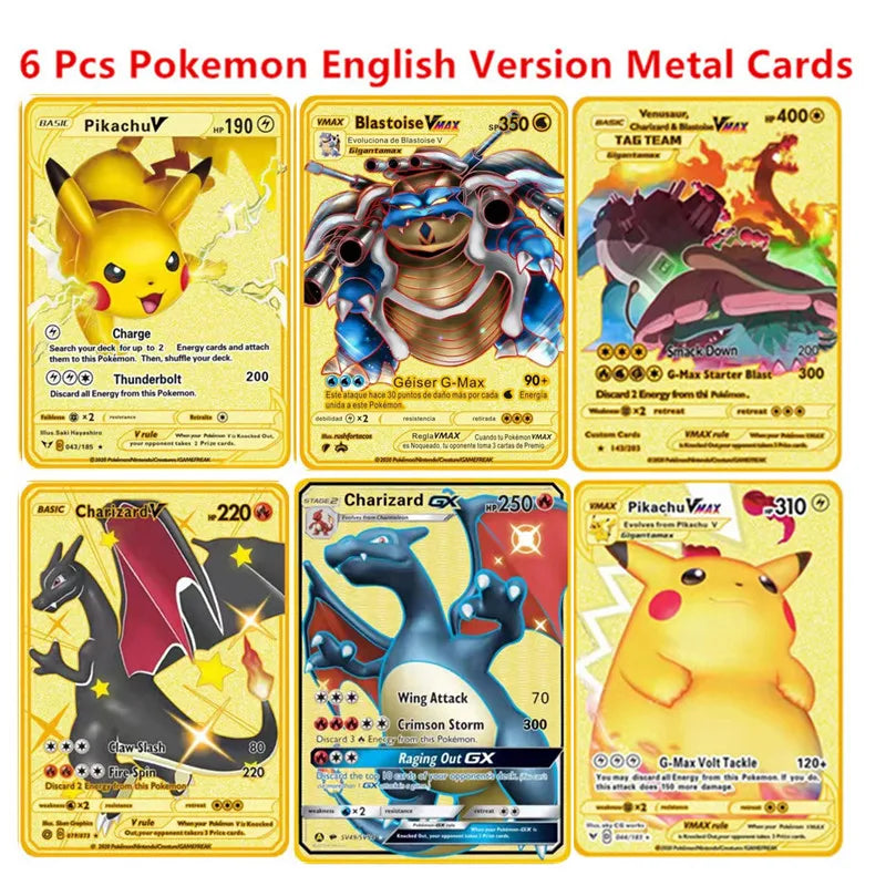 Pokemon English Metal Card Anime Pikachu Charizard Mewtwo Blastoise  Vmax Shiny Letters Game Collection Card Kids Toy Gifts