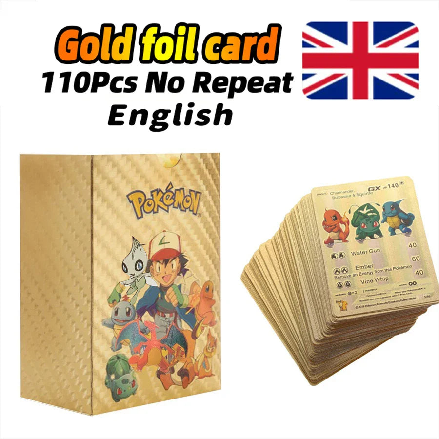 10-110Pcs Pokemon Cards Gold Foil Golden Letters English Spanish French German Game Card Metalicas Charizard Vmax Gx Series Gift