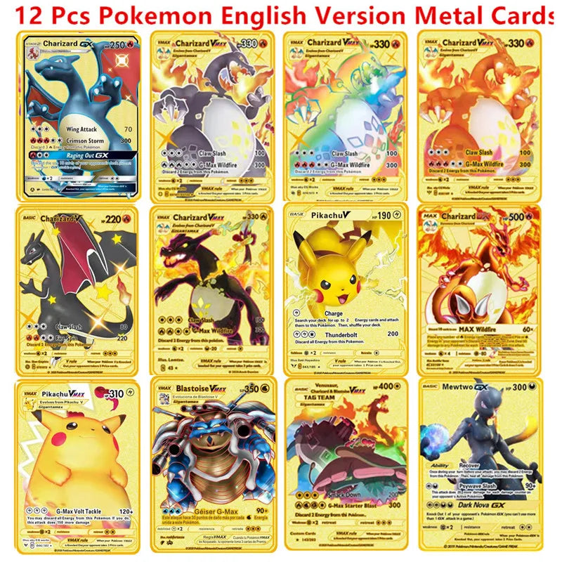 Pokemon English Metal Card Anime Pikachu Charizard Mewtwo Blastoise  Vmax Shiny Letters Game Collection Card Kids Toy Gifts