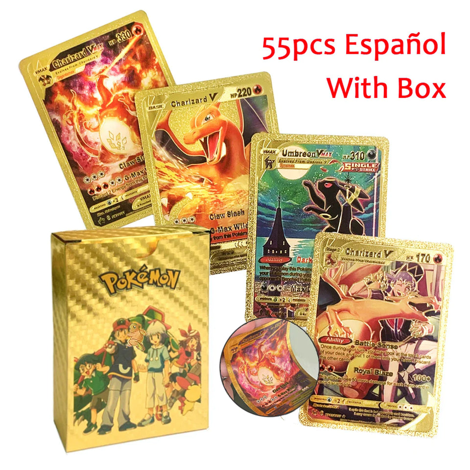 10-110Pcs Pokemon Cards Gold Foil Golden Letters English Spanish French German Game Card Metalicas Charizard Vmax Gx Series Gift