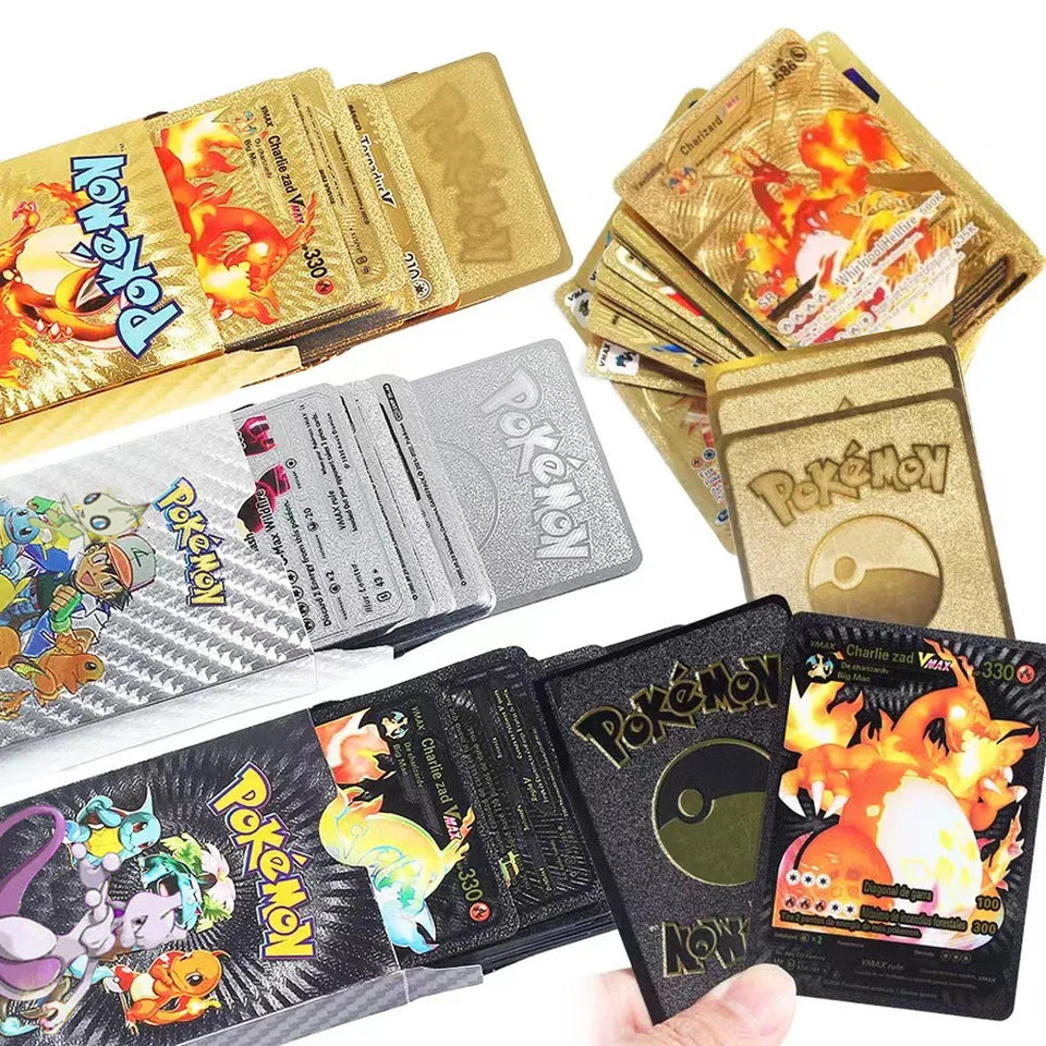 10-110Pcs Pokemon Cards Gold Foil Golden Letters English Spanish French German Game Card Metalicas Charizard Vmax Gx Series Gift