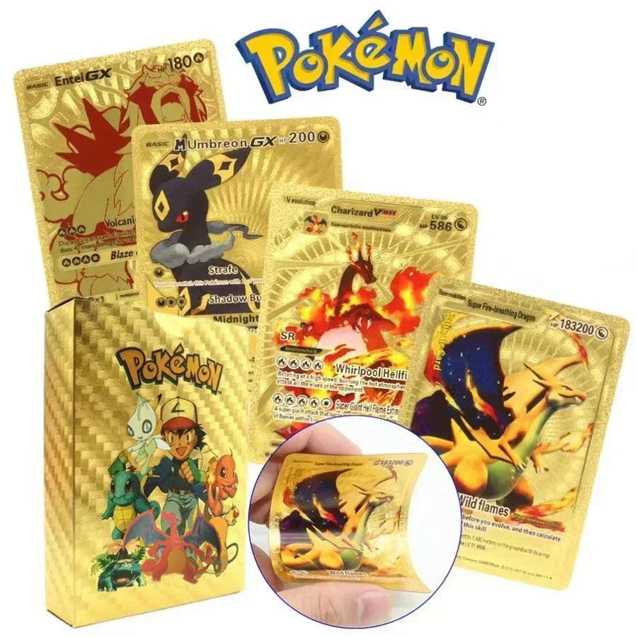 10-110Pcs Pokemon Cards Gold Foil Golden Letters English Spanish French German Game Card Metalicas Charizard Vmax Gx Series Gift