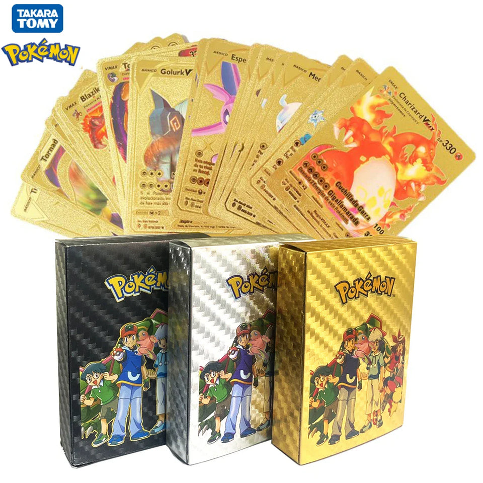 10-110Pcs Pokemon Cards Gold Foil Golden Letters English Spanish French German Game Card Metalicas Charizard Vmax Gx Series Gift